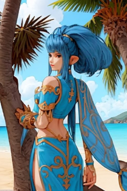 final fantasy character concept <lora:finfan:0.7> finfan, palm tree, high quality, crisp lines, fine detail